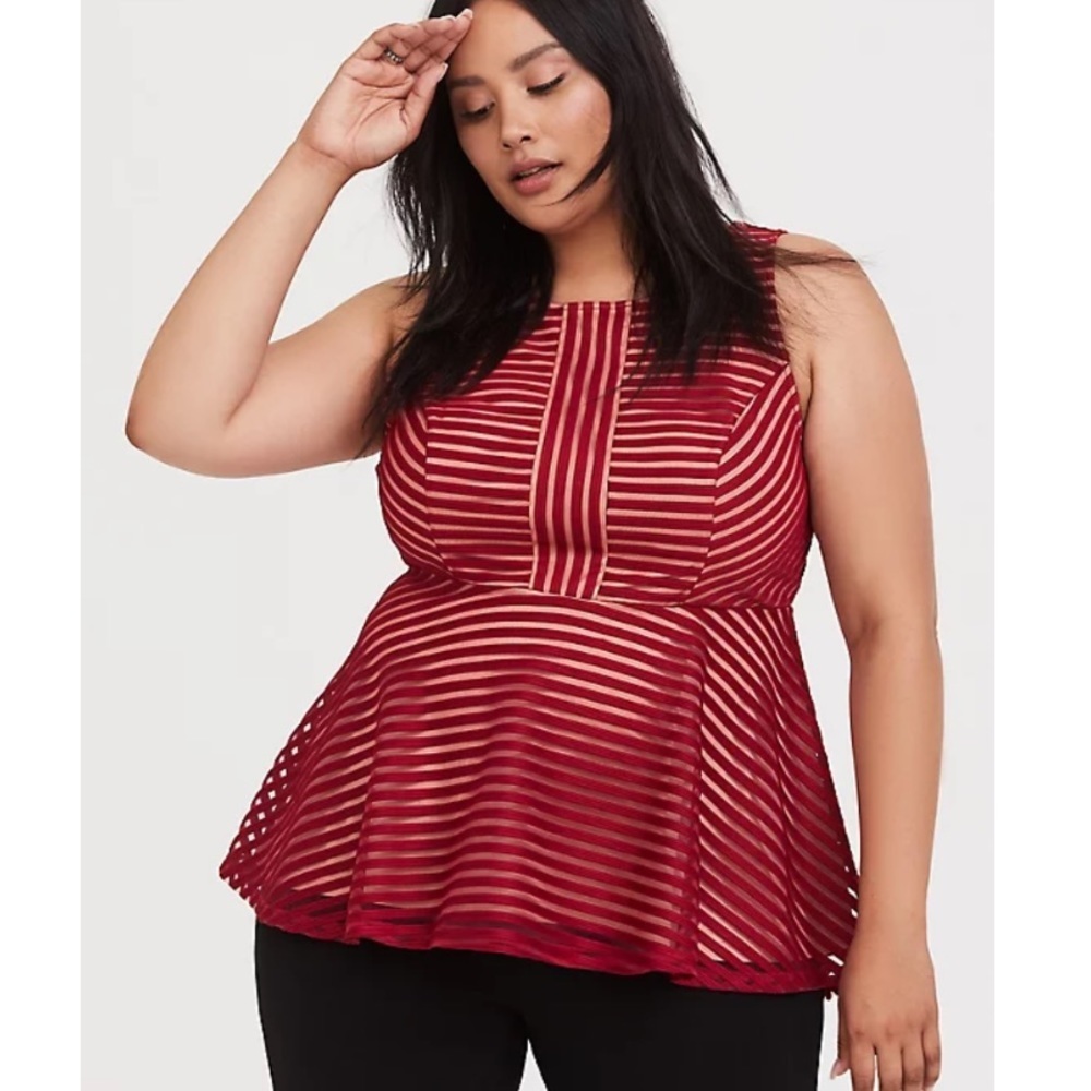 🌟HP🌟Torrid Size 5X DARK RED SHADOW STRIPE PEPLUM TOP 🆕 - Picture 2 of 7